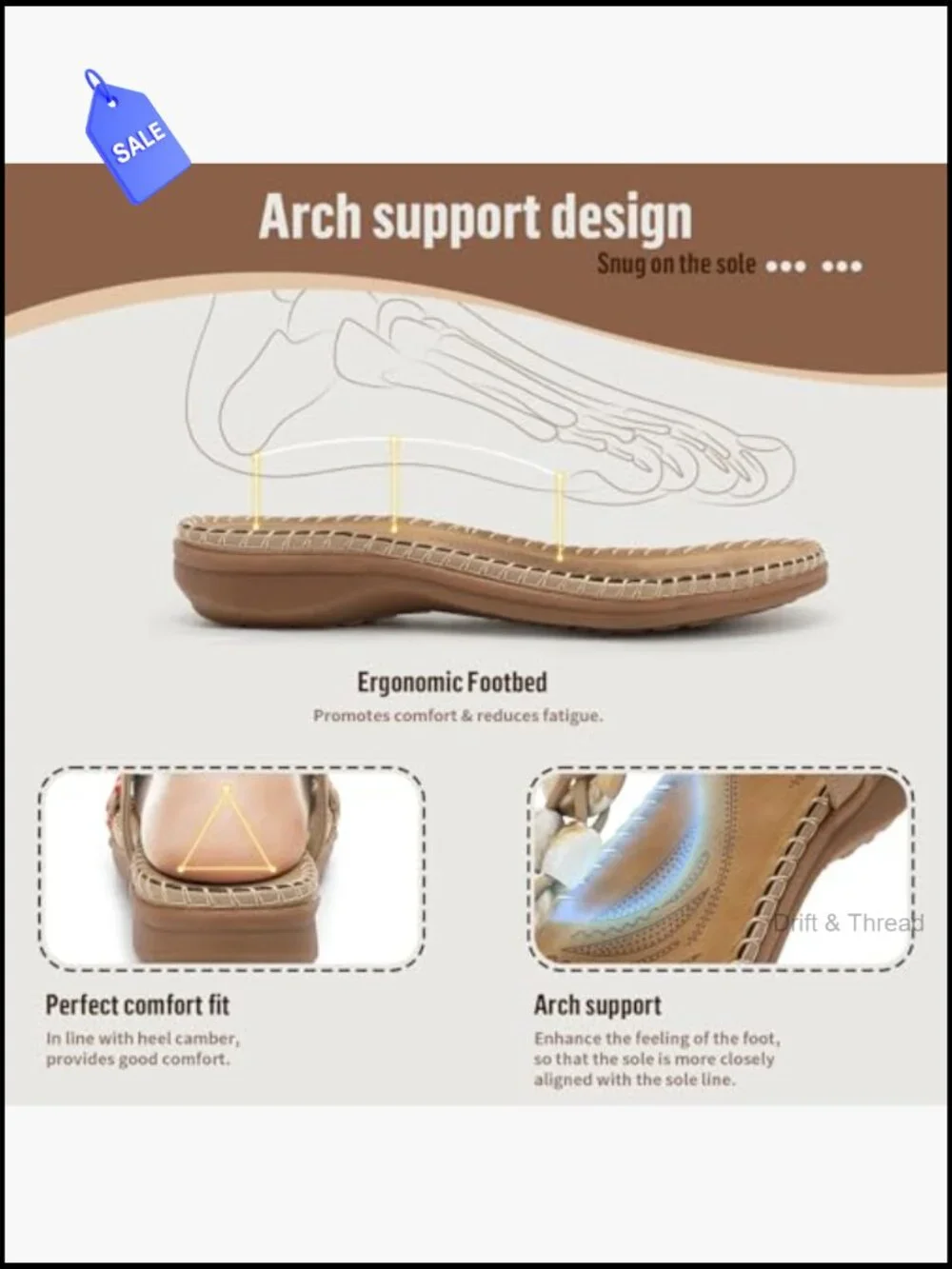Women's Flat Sandals, Arch Support, Bohemian Braided, Comfort Walking